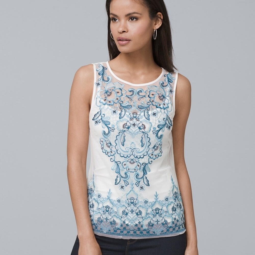Petite Med WHBM Embroidered White mesh tank